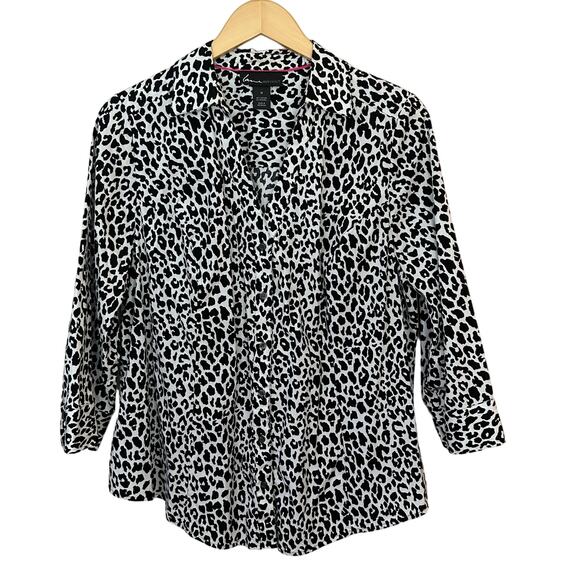 Lane Bryant Animal Print Blouse Womens Size‎ 18 V Neck Button Up Black White - Picture 1 of 7